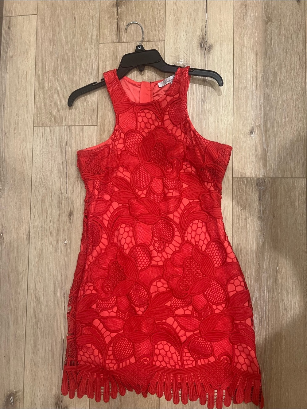 Lovers + Friends Red Lace Overlay Halter Dress